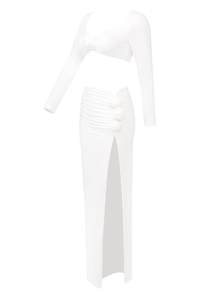 Sexy Long Sleeves Crop Top + High Split Skirt Two Piece Set Women 3D Flower Details Slim Suits Celebrity Cocktail Party Set Gown