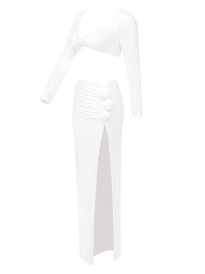 Sexy Long Sleeves Crop Top + High Split Skirt Two Piece Set Women 3D Flower Details Slim Suits Celebrity Cocktail Party Set Gown