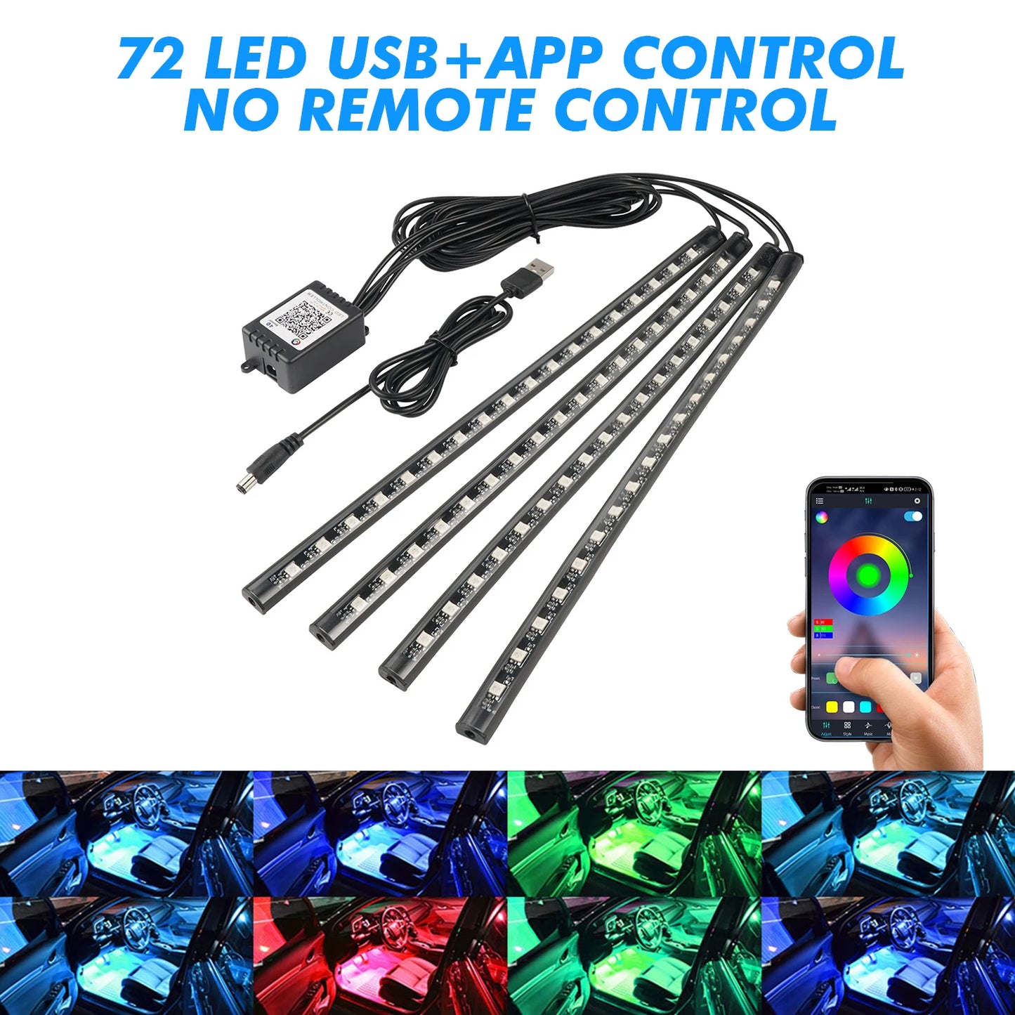 48 72 LED RGB Car Foot Light & Underglow Neon Lamp, Music Sync Interior Ambient Light with Remote Control, USB & 12V Dual Power Plug, Multi-Colour Atmosphere Decorative Lighting for Universal Auto Interior Exterior Decoration