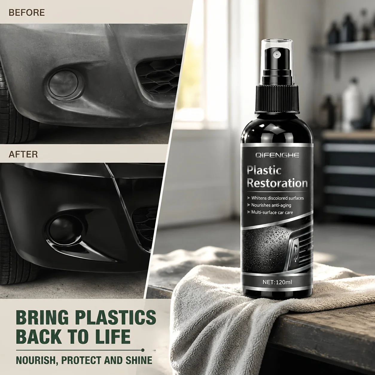 Plastic Restorer Interior Care Spray - Revive Black Shine on Plastic Rubber Vinyl Detailing Spray for Automotive Interior