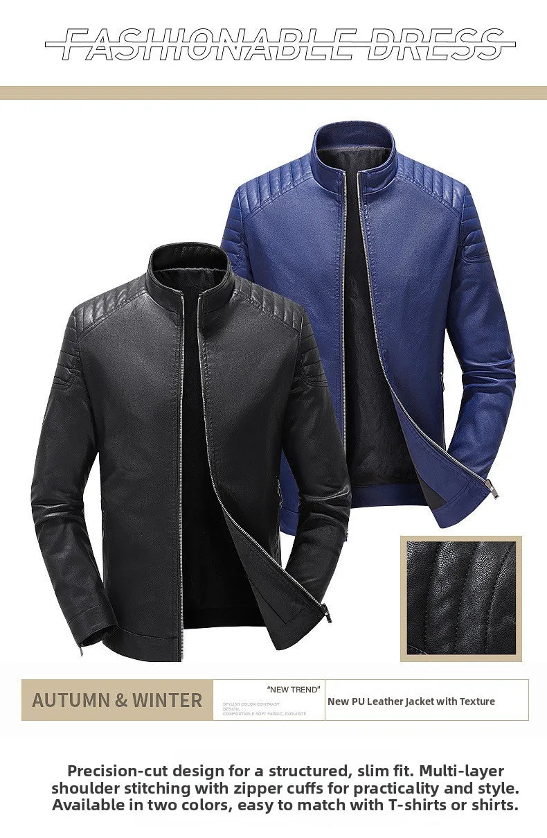 Spring Autumn Men's Biker Style Thin Top Layer Leather Jacket Motorcycle Outerwear Lightweight Korean Version Zipper Closure