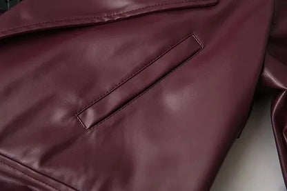 Vintage Lapel Leather Biker Jacket Women Bomber Jacket Short Coat Streetwear Zip Long Sleeve Windproof Outerwear Black Wine Red