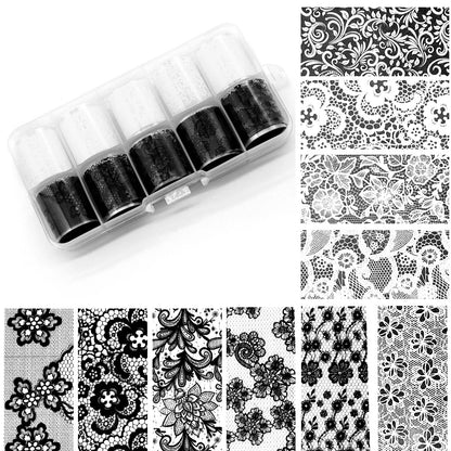 10 Rolls 2.5*50cm New Black White Lace Transfer Foil Nail Art Sexy Full Wraps Flower Glue Adhesive DIY Manicure Styling Tools