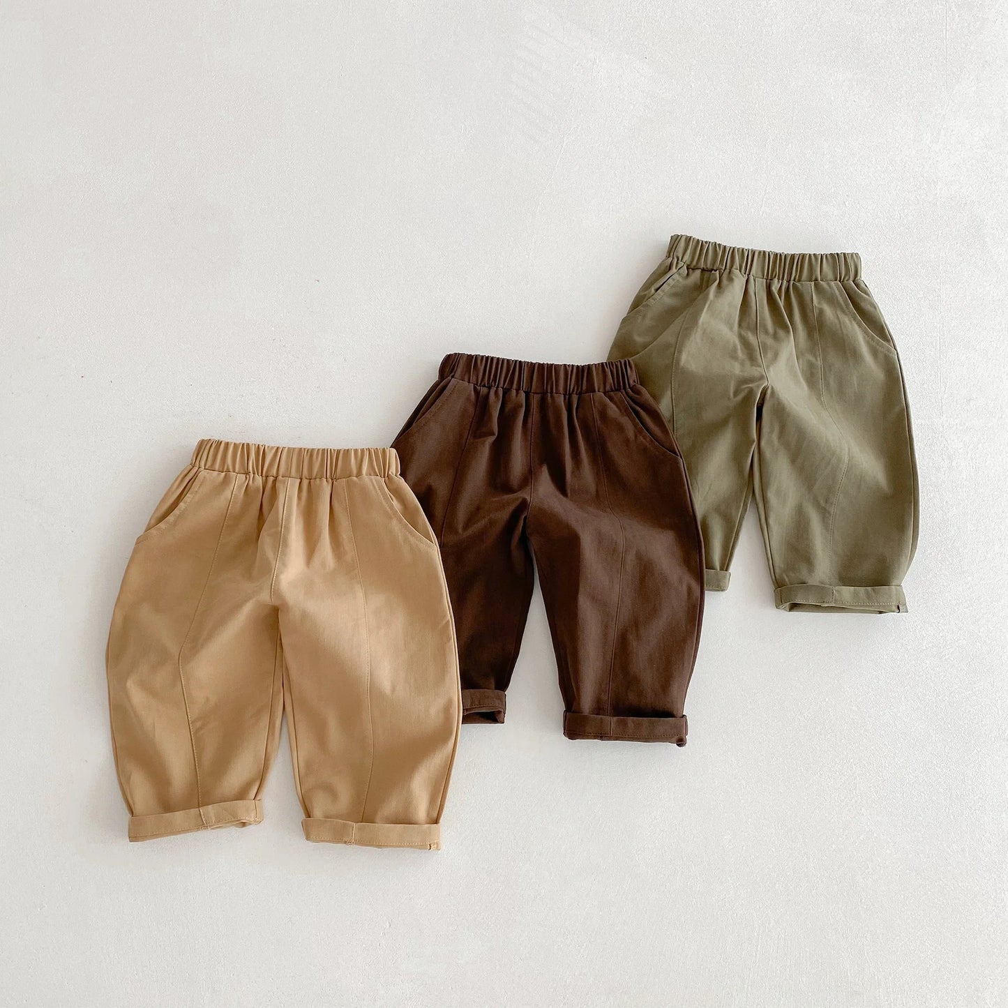Toddler Girl Cotton Pleated Harem Pants 1-6Y Kids Boys Solid Color Casual Roll Up Trousers Comfy Elastic Waist Kids Bottoms