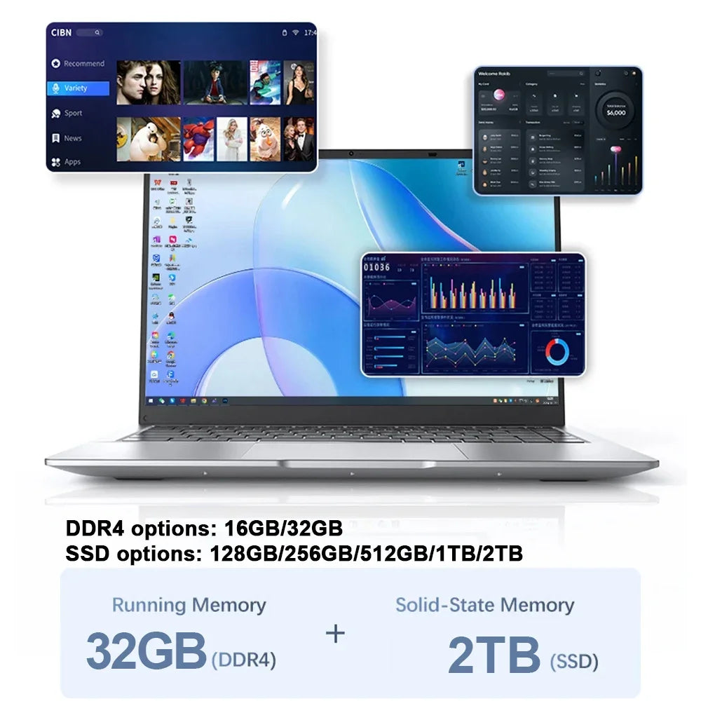 14.1 Inch Business Ultra Portable Laptop I9-9900 I9-10980HK 2026 Win11 DDR4 16GB/32GB RAM 2TB SSD Slim Office Notebook PC