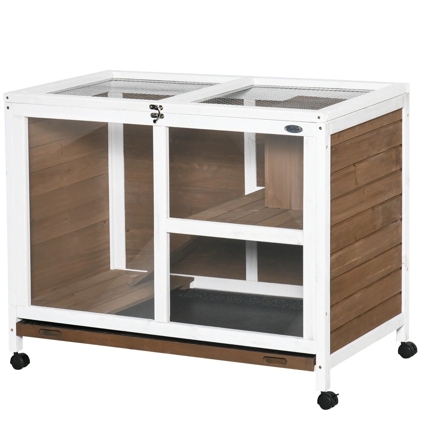 Hutcrate rabbit Cage on castors small animals enclosure in solid drink 2 floors sunroof 91,5x53,3x73 cm Brown