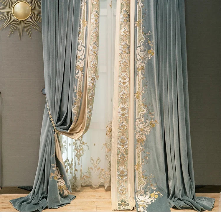 European Embroidered Thickened Blackout Blue Velvet Curtains for Living Room Bedroom Blackout  Lace Luxury Valance Tulle Custom