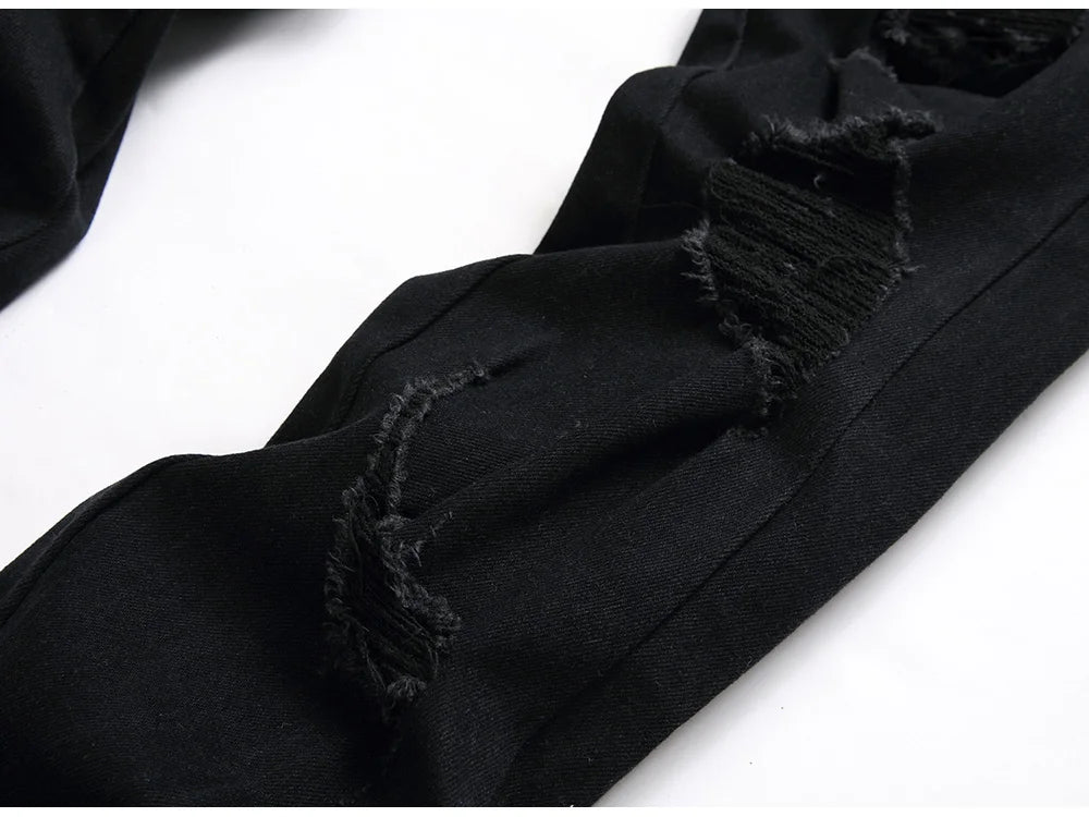 Men Snake Embroidery Jeans Streetwear Black Stretch Denim Pants Holes Ripped Distressed Slim Straight Trousers