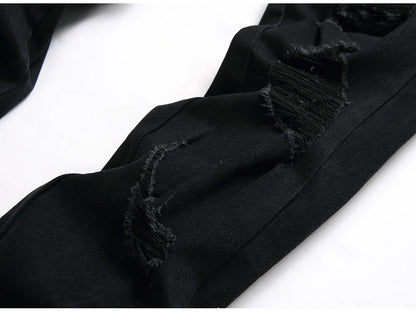 Men Snake Embroidery Jeans Streetwear Black Stretch Denim Pants Holes Ripped Distressed Slim Straight Trousers
