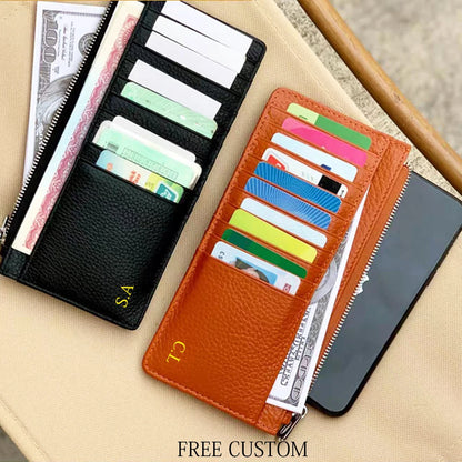 Custom Company Logo Cowhide Card Holder Woman Man Fashion Slim Mini Card Bag Genuine Leather Engrave Name Luxury Casual Purse
