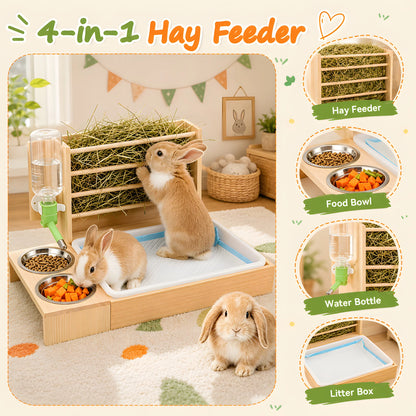 4-in-1 Hay Grater For Rabbits, Feeding Station Removable Hay Distributor For Guinea Pigs With Litter Tray, 2 Trays And Bottle Wood Feeder For Small Animals