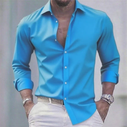 Solid Color Men's Casual White Shirt, Fashionable Casual Long Sleeve Stretch Fabric, Business Formal Shirt, Comfortable Fabric