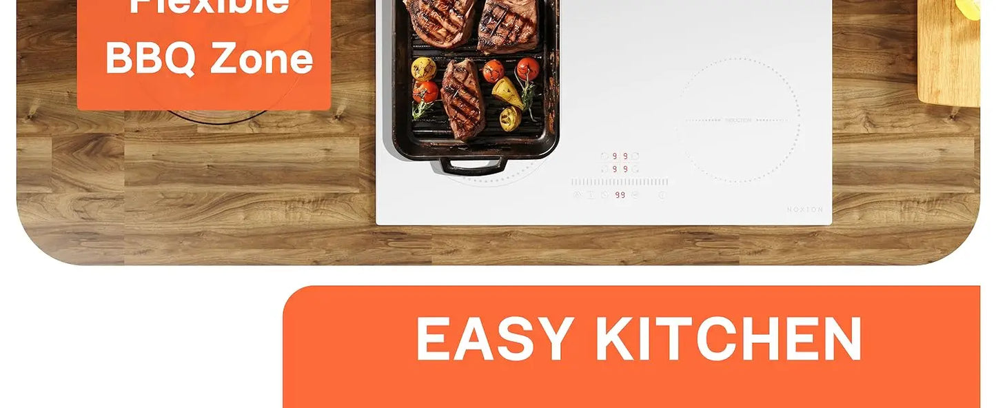 NOXTON White/Black Induction Hob Plug in, (UK:2800W/EU:3500W) 4 Zones with 1 Grill Zone, 60CM Touch, Safety Lock,Ceramic Glass