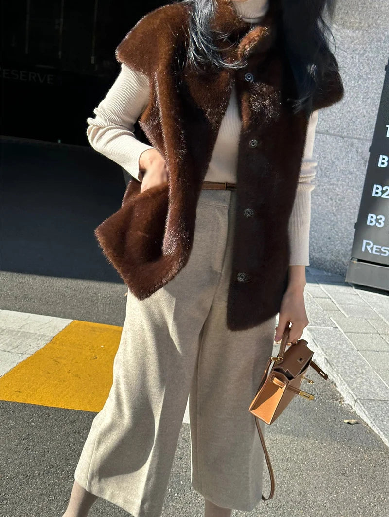 Women's Autumn Winter Faux Mink Hair Stand Collar Sleeveless Loose Vest Jacket Lady Streetwear Single Breasted Faux Fur Vest Top