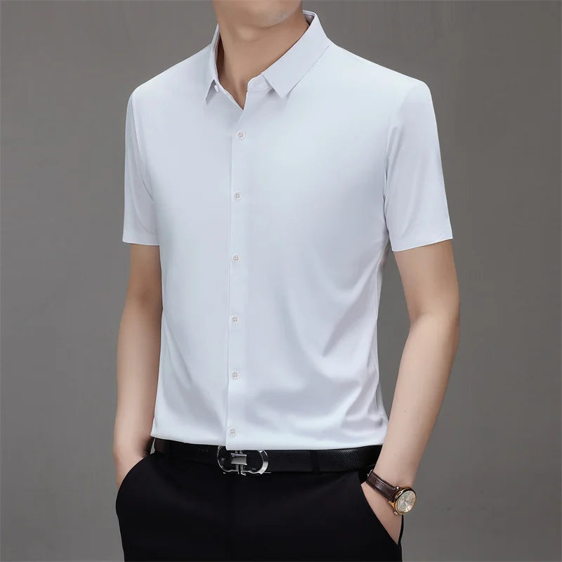 Men's Business Casual Solid Color Short Sleeve Shirt Summer Fashion No Ironing Comfortable Versatile Top for Men