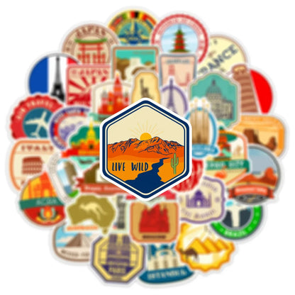 10/25/50pcs Retro World Travel Landmark Stickers Graffiti Vintage Post Stamp Style for Scrapbook Luggage Laptop Phone Car