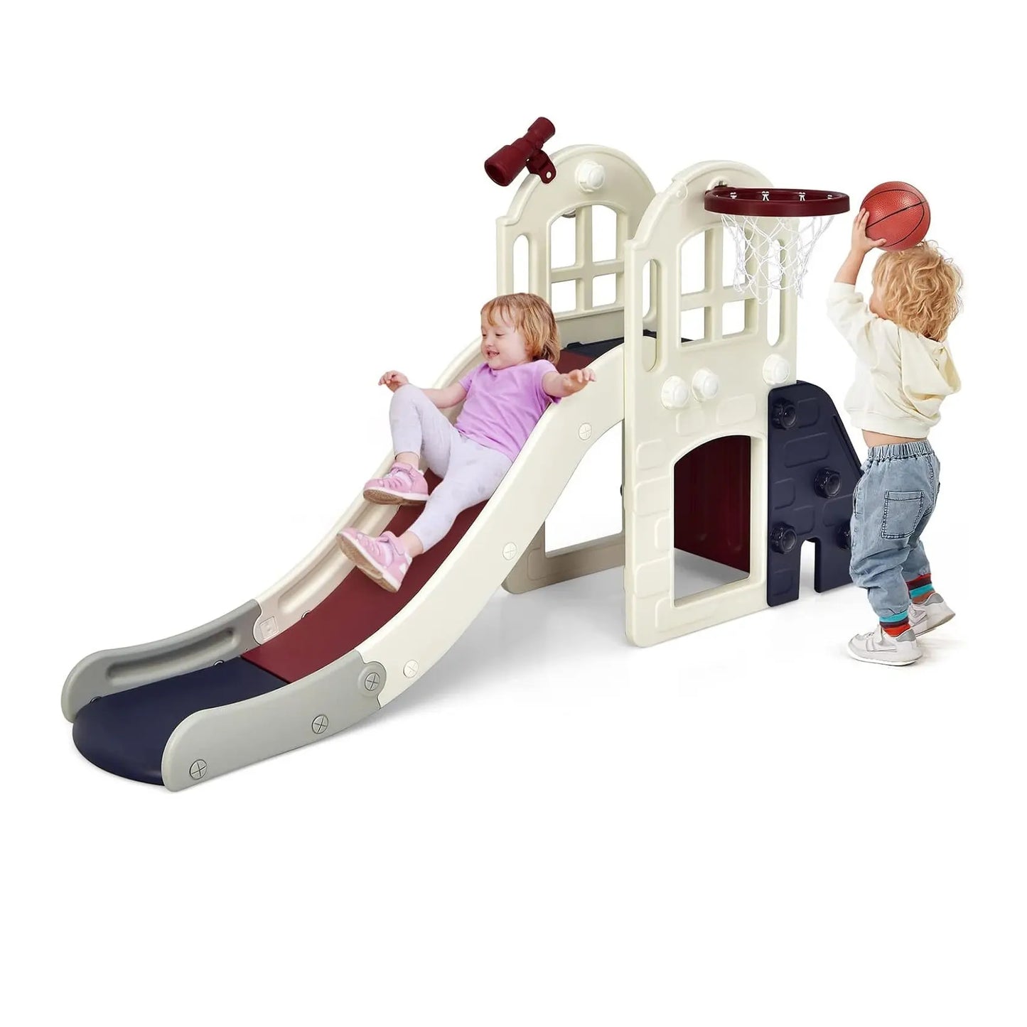 Children's Slide,6-in-1 Children's Slide&Ladder&Basketball Hoop&Throw Ring&Telescopic&Tunnel,Children's Playground