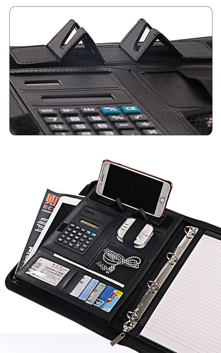 PU leather A4 zipper calculator binder conference file pad folder briefcase tablet portable circular handle file bag