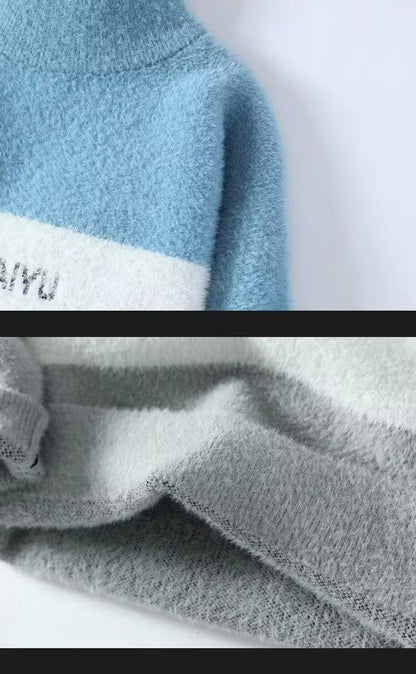 New Men's Plush Sweater Pullovers Korean Winter Warm O Neck Colorblock Sweater High Quality Cool Top Fashionable Men's Clothing