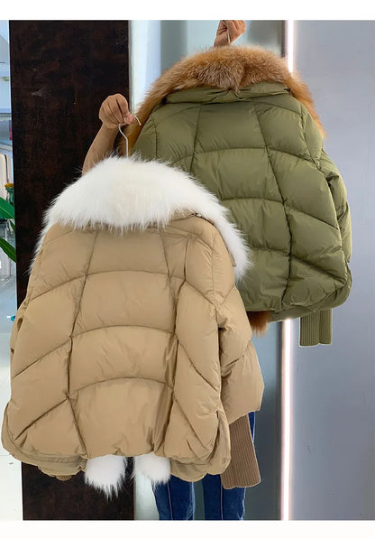 Oversized Winter Warm Real Fox Fur Collar Black Down Coat Women Puffer Outerwear Jackets 2024 Autumn Winter