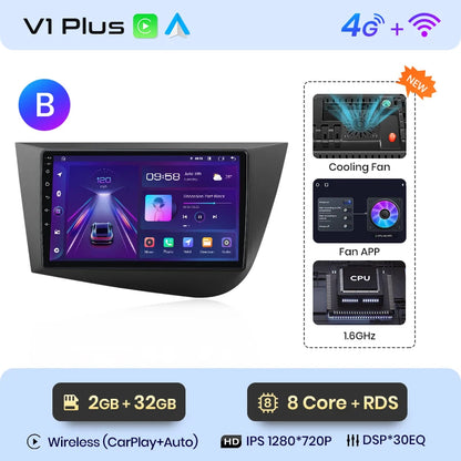 Junsun Wireless CarPlay Android Auto Car Radio for Seat Leon MK2 2005 2006 2007 2008 -2012 2 DIN Multimedia Stereo with Built-in Cooling Fan GPS Navigation SWC Bluetooth FM RDS DSP IPS Screen Car Intelligent Systems 4G WiFi 8