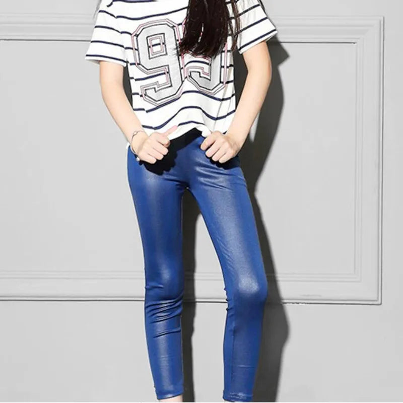 Faux PU Leather Teens Children Kids Girls Leggings Thin Skinny Slim Legging for Spring Autumn
