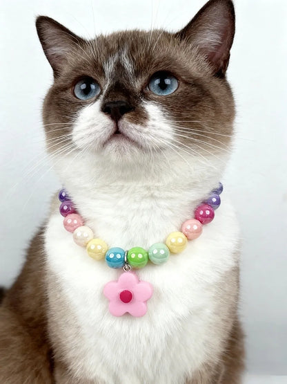 Cute Adjustable Beaded Cat Flower Pendant Candy Color Cat Pet Neck Chain Pet Jewelry Elastic Dog Cat Pet Collar Kitten Puppy