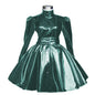 Plus Size Sweet Girl Mini Dress PVC Leather High Neck Button Pleated  A-line Dress Preppy Style Back Zipper Long Sleeve Dress