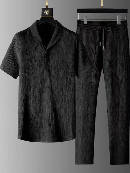 Summer Linen Set Men's Short Sleeve T-Shirt Tang Suit Style Casual Men's Wear Complete Set Lightweight Ice Silk Material