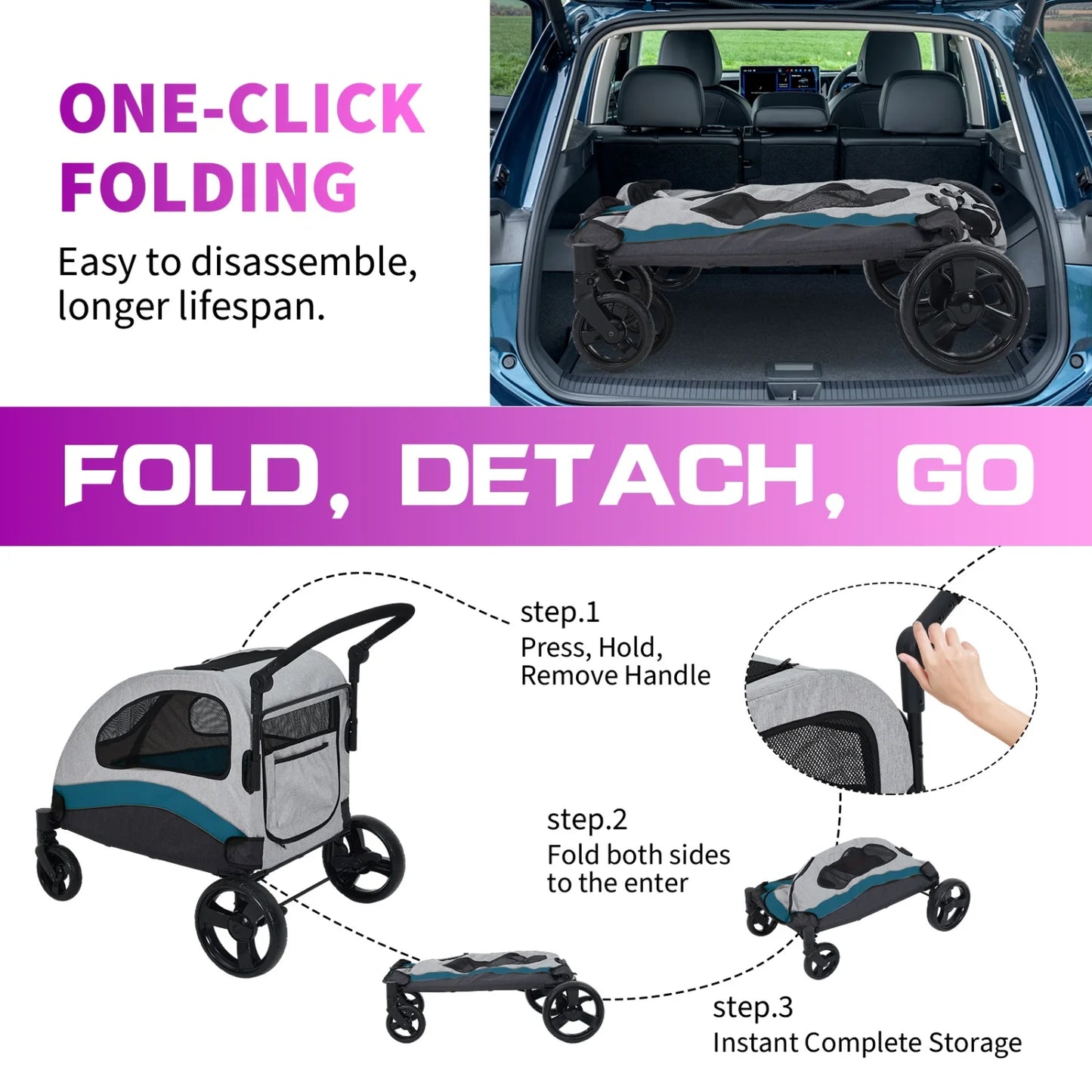Heavy Duty Pet Wagon & Large Dog Stroller , Collapsible Dog Cart with Adjustable Handle, Breathable Mesh and Storage Pockets