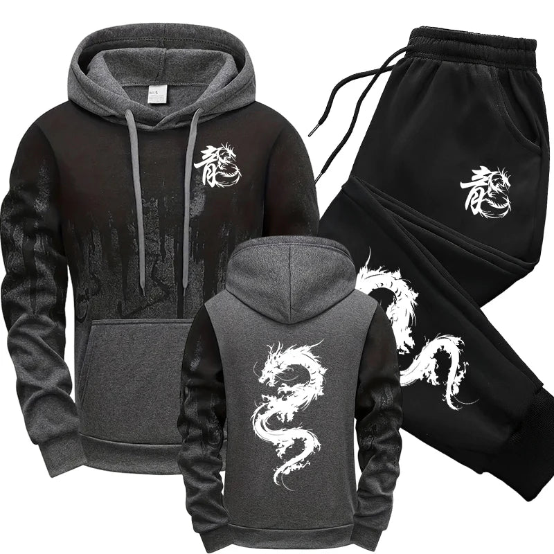 Chinese Dragon Tracksuit Hooded Sweatshirt Sweatpants City Vibe Hoodie 2 Piece Set Autumn Winter Men's Daily Casual Sport Outfit
