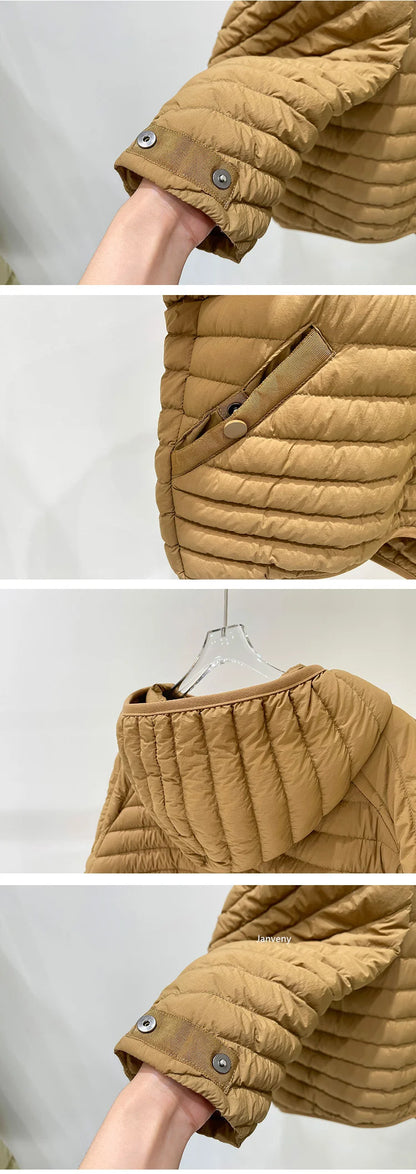 JANVENY 2025 New In Winter Short Puffer Jacket Women Ultra Light Loose 90% White Duck Down Coat Female Hooded Thin Parka Outwear