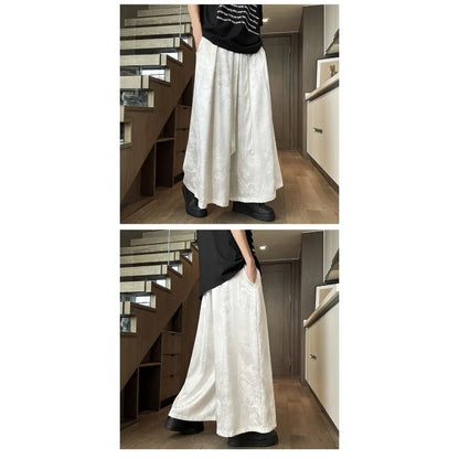Men's Black Dragon Jacquard Wide-Leg Pants - New Chinese Style Satin Belted Trousers