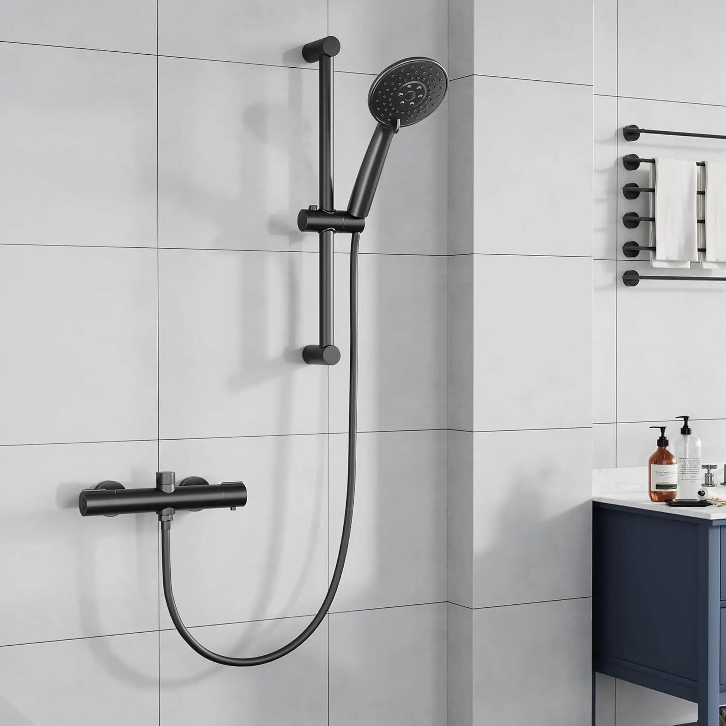 Bathroom Shower Faucet Wall-mounted Bathtub Mixer Taps Thermostatic Bath Tub Showers System Set with 3 Modes Rain Handheld