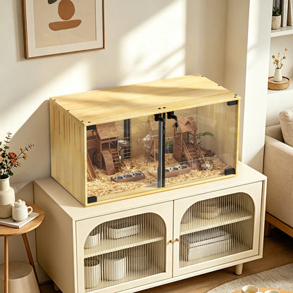 Wooden Hamster Guinea Pigs Cage Mice and Rat Habitat with Removable Divider Tempered Glass Panels Chew-proof Small Animals Cage for Small Pets