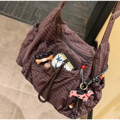 Korean Nylon Shoulder Bag Fashion Simple Plaid Zipper Tote Bag Drawstring Pleated Cloud Bag New Commuter Crossbody Shoulder Bag