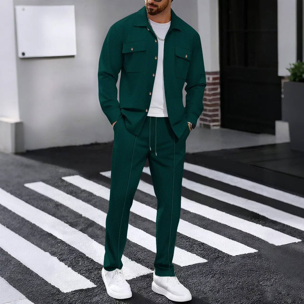 New autumn style waffle long-sleeved solid-color double-pocket buttoned cardigan shirt and pants set
