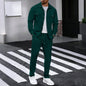 New autumn style waffle long-sleeved solid-color double-pocket buttoned cardigan shirt and pants set