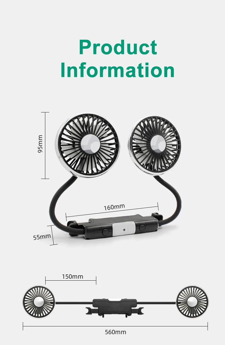 EAFC 3-speed Car Seat Back Cooling Fan USB Charge Dual Head Fan LED Lighting 360 Degree Rotation Neck Cooler for Home Use Travel