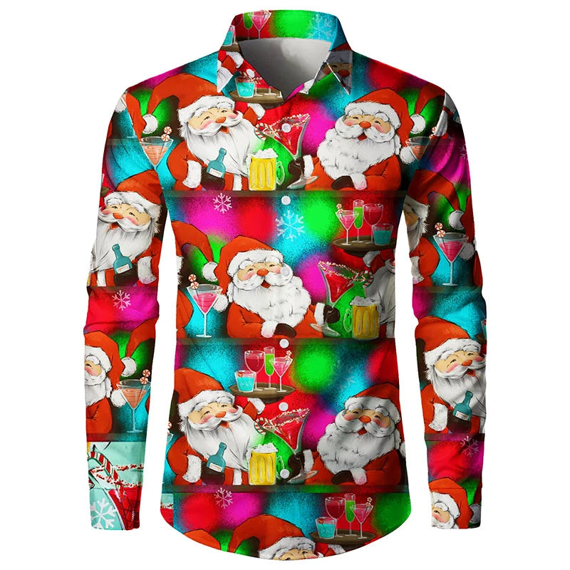 2026 Merry Christmas Lapel Blouse Funny Santa Claus Cosplay Graphic Long Sleeve Shirts For Men Clothes Bachelor Party Fake Suit