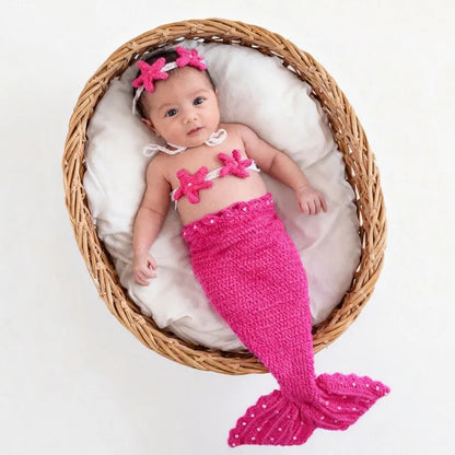3Pcs Newborn Photography Props Baby Girl Crochet Mermaid Tail Outfit Handmade Photo Shoot Costume Bebe Headband Clothes Set