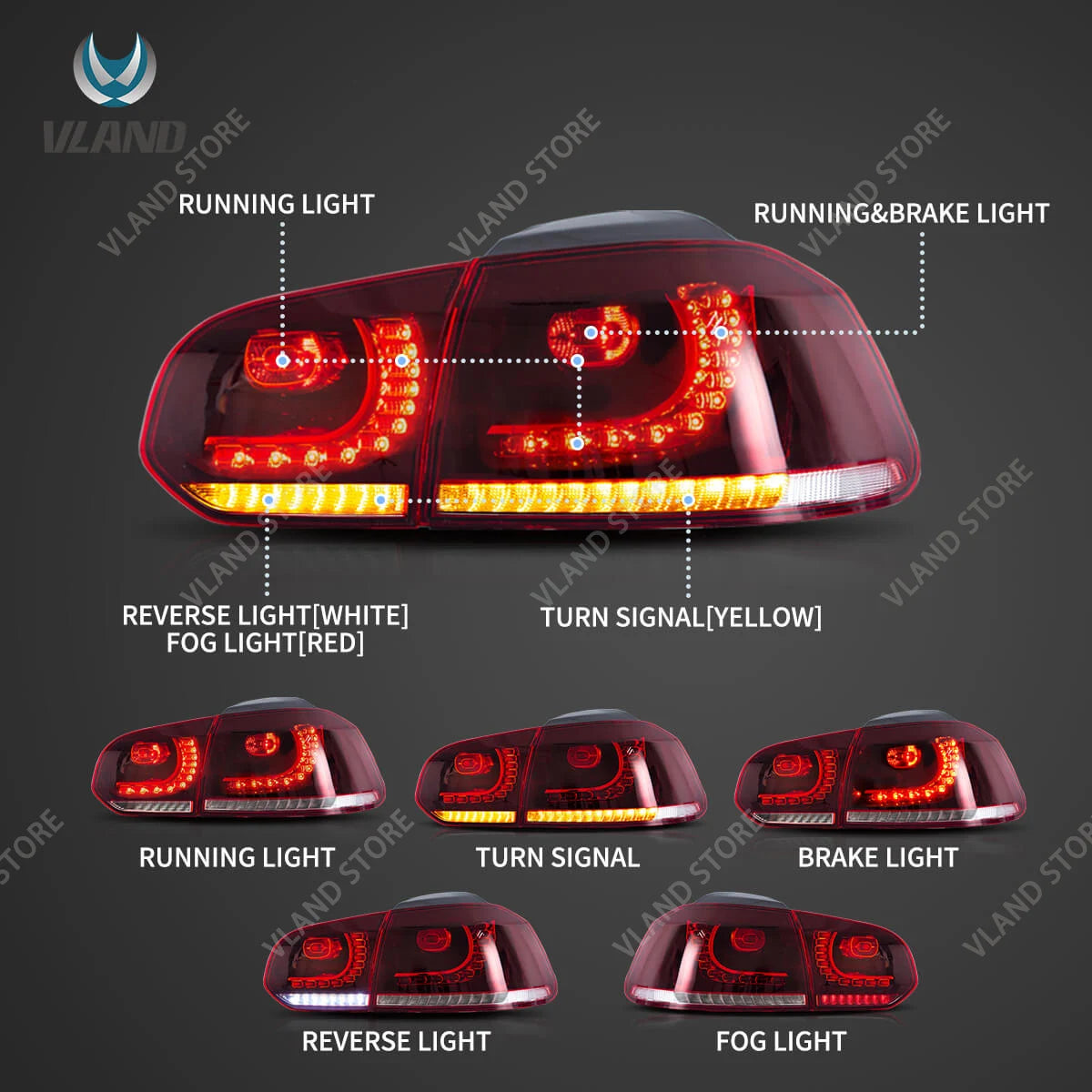 08-14 Golf MK6 Hatchback VLAND LED Tail Lights E-Mark w/ Amber Sequential Turn Signal Rear Lamps Assembly Set of 2