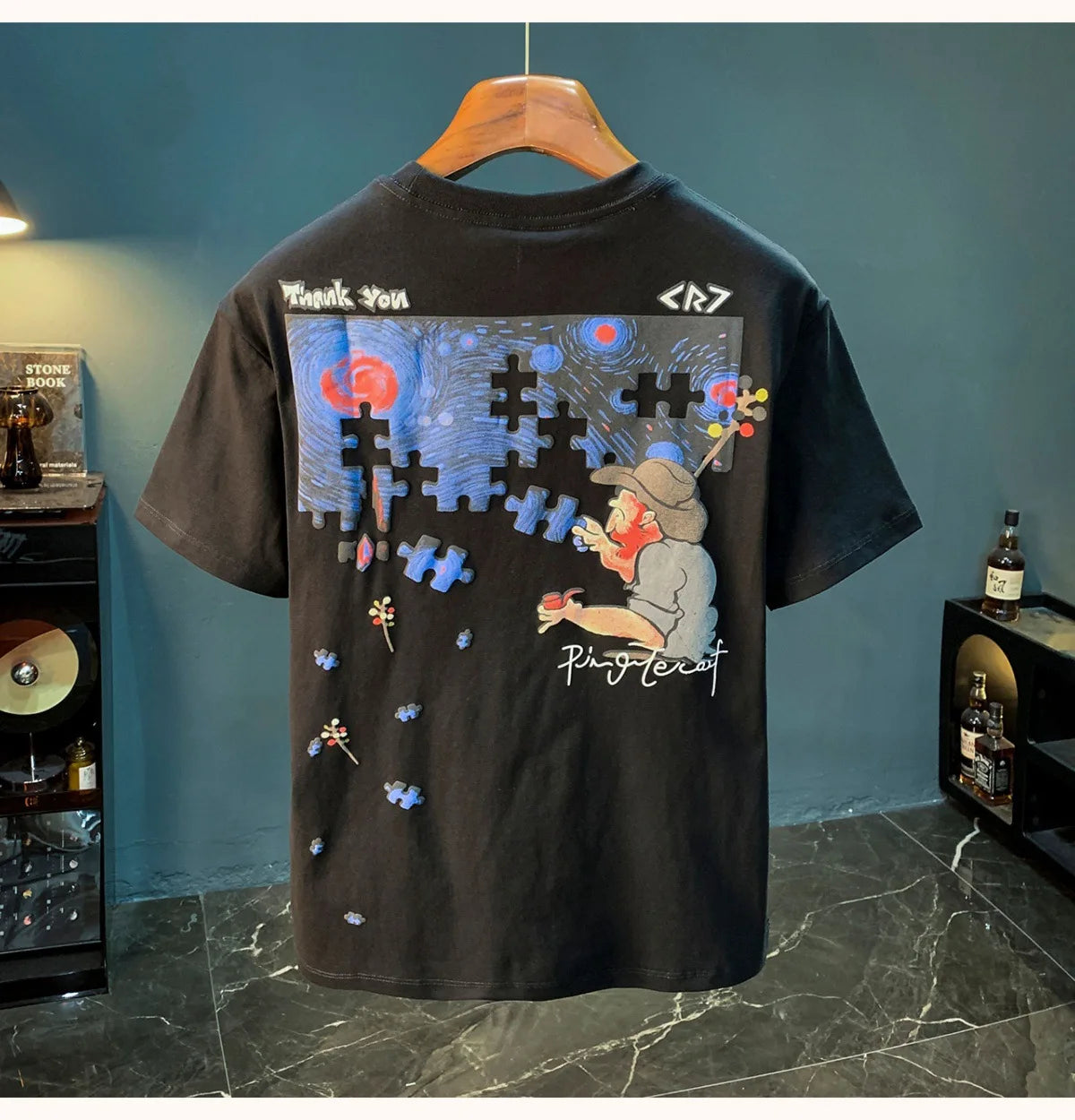 Fashionable men's T-shirt trend abstract artistic print summer loose combed cotton comfortable short sleeved top