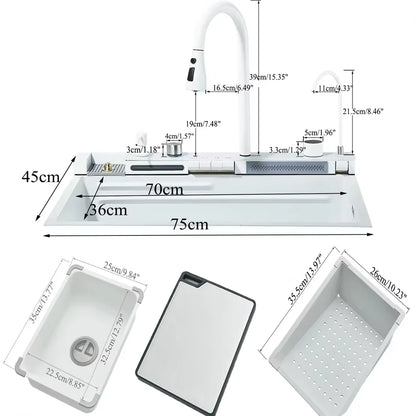Stainless Steel Waterfall Kitchen Sink Large Single Slot Integrated Digital Display Faucet Set Soap Dispenser Cup Washer