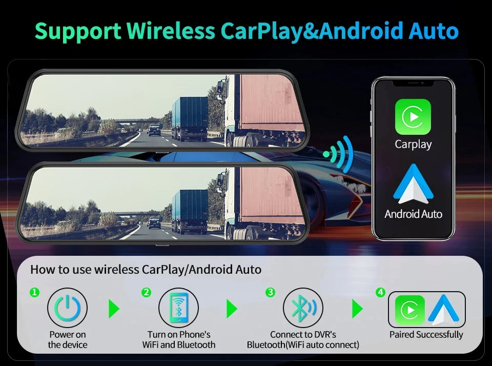 4K HD Car DVR Touch Screen Carplay & Android Auto Dash Cam Night Vision Video Recorder Driving Recorder