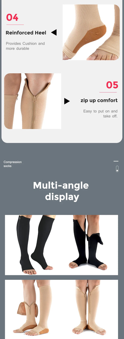 Compression Socks Men Women Support Knee Zipper Female Open Toe Thin Anti Fatigue Stretchy Sox High Socks Unisex