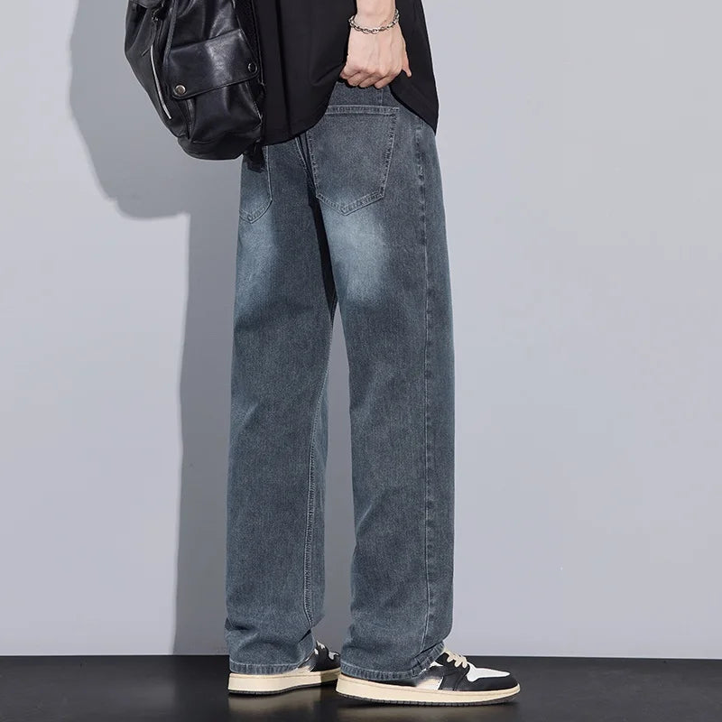 New Arrival American Vintage Wide Leg Elastic Denim Pants for Men Loose Straight Fit Flowy Versatile Casual Pants