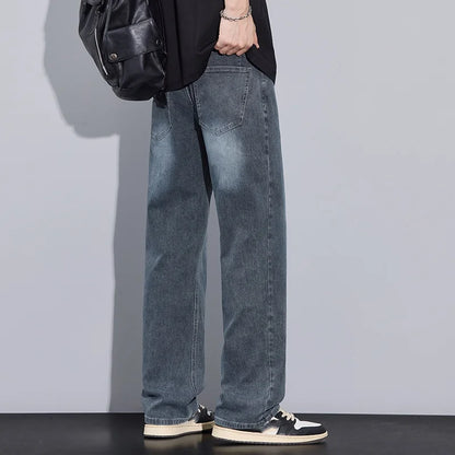 New Arrival American Vintage Wide Leg Elastic Denim Pants for Men Loose Straight Fit Flowy Versatile Casual Pants
