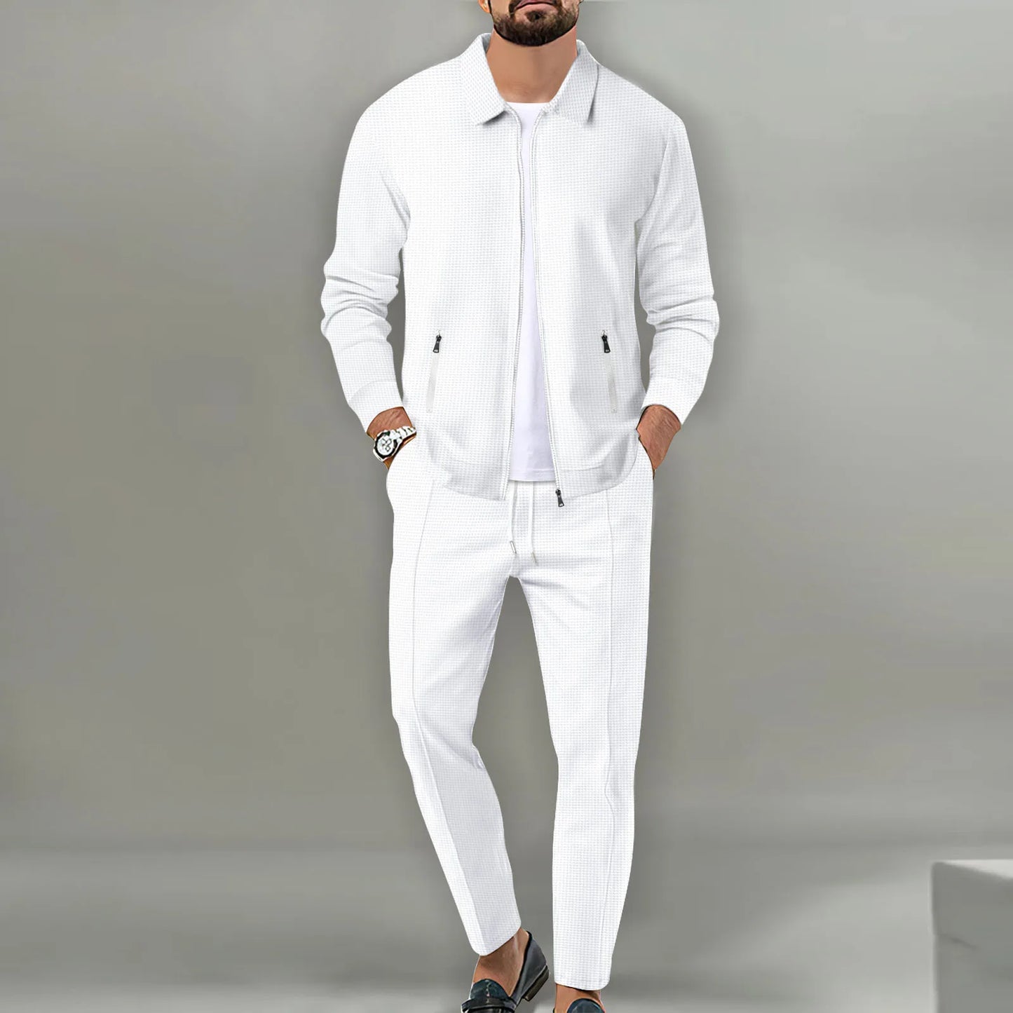 Autumn Winter Men's Casual Blazer Set New Fashion Waffle Baseball Suit Round Neck Pocket Zipper Long Sleeve Trousers Two-Piece S