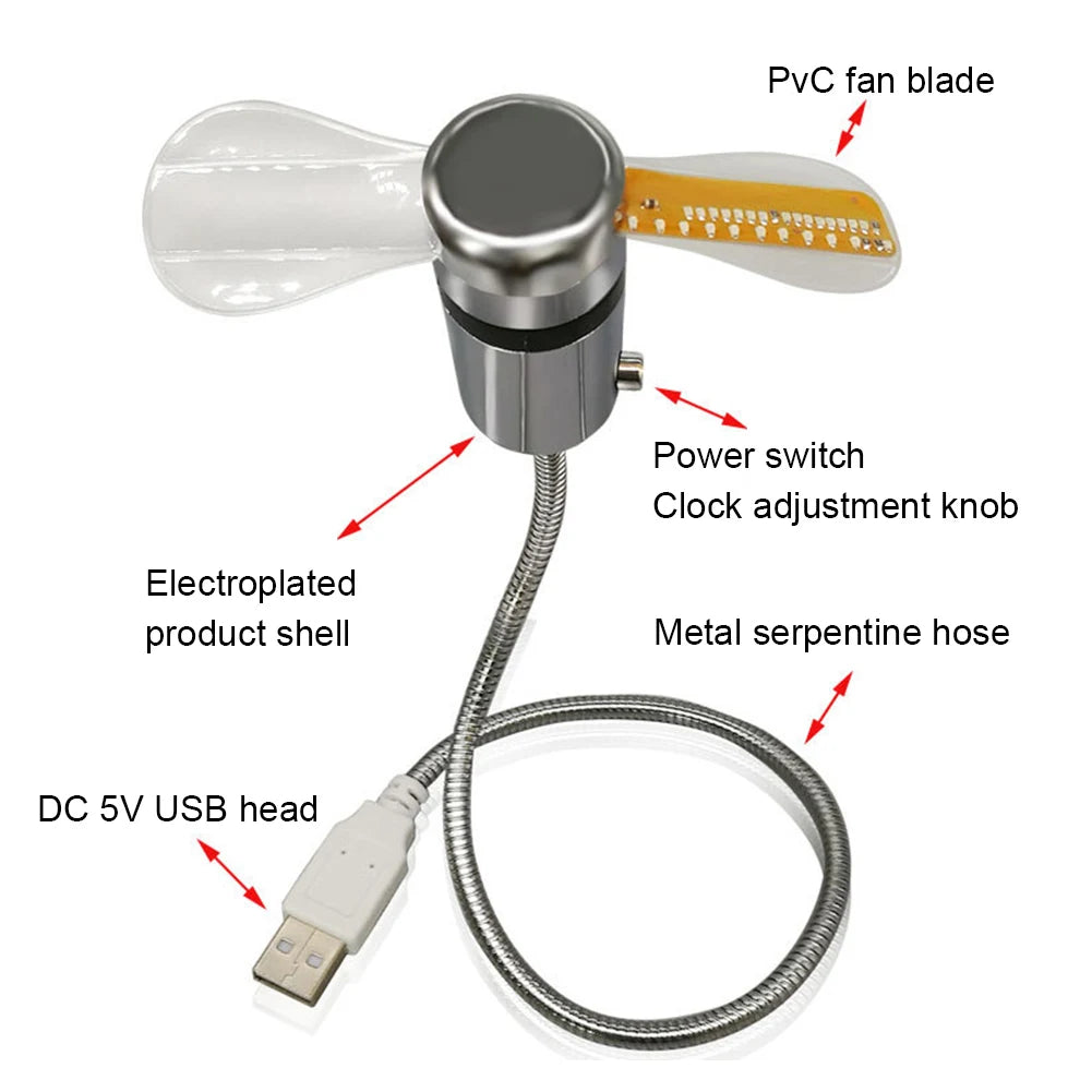 Portable Clock Fan RGB LED Night light 5V USB Hand Fan Real Time Temperature Display Metal Mini Fan for PC Laptop Desktop Cooler